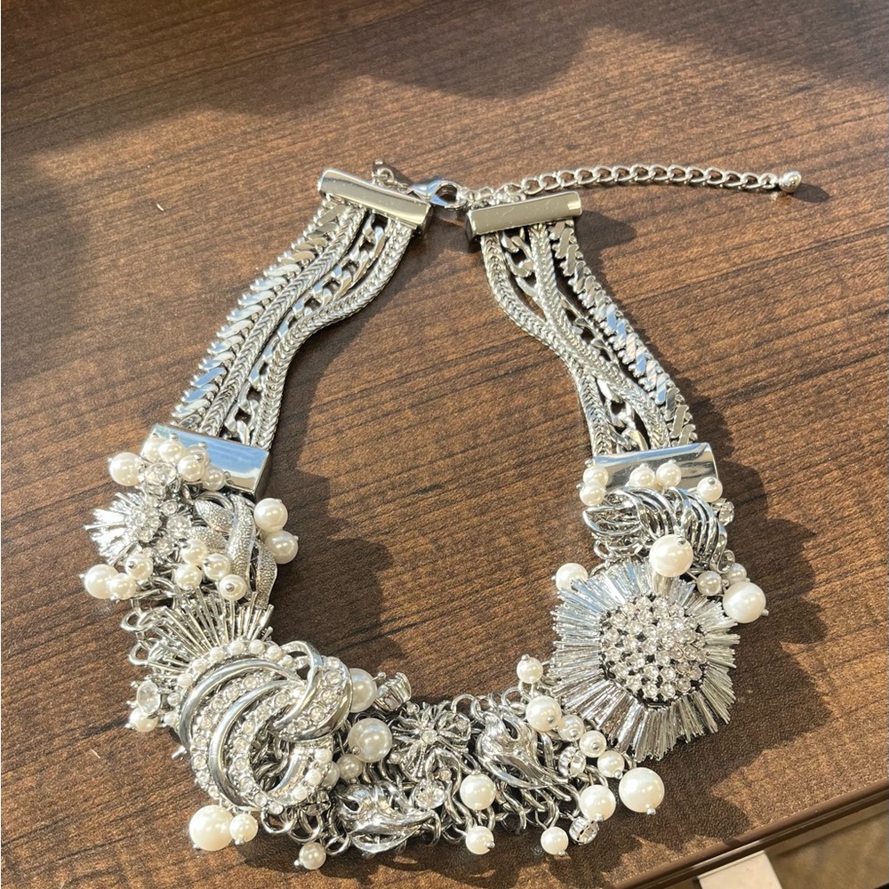 White House Black Market Silver and Pearl Statement Necklace